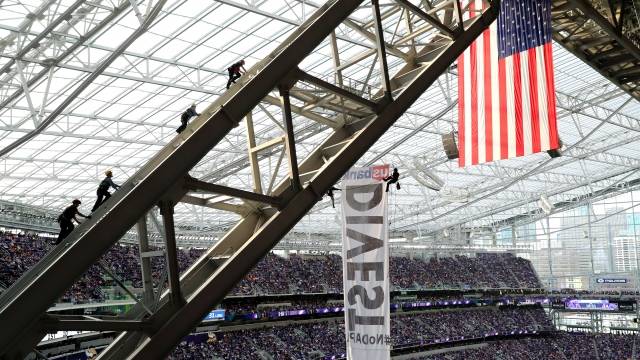 Two Dakota Access Pipeline protesters scaled the indoor heights of U.S. Bank Stadium during Vikings game