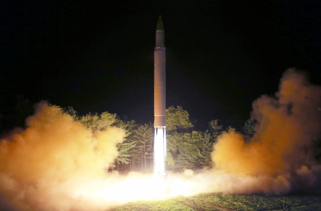 Intercontinental ballistic missile (icbm) hwasong 14 is pictured during its second test fire