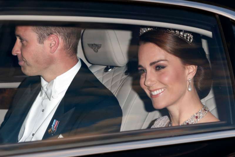 Duchess Kate stuns in Marchesa and borrowed necklace from the queen at state banquet