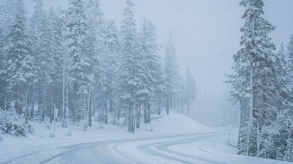 Mammoth’s first snow of the season coats roads and village. Tahoe hit early too