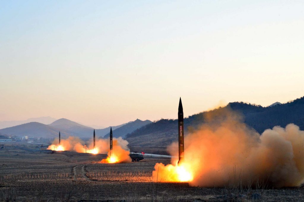 TOPSHOT - This undated picture released by North Korea's Korean Central News Agency (KCNA) via KNS on March 7, 2017 shows the launch of four ballistic missiles by the Korean People's Army (KPA) during a military drill at an undisclosed location in North Korea. Nuclear-armed North Korea launched four ballistic missiles on March 6 in another challenge to President Donald Trump, with three landing provocatively close to America's ally Japan. / AFP PHOTO / KCNA VIA KNS / STR / South Korea OUT / REPUBLIC OF KOREA OUT ---EDITORS NOTE--- RESTRICTED TO EDITORIAL USE - MANDATORY CREDIT "AFP PHOTO/KCNA VIA KNS" - NO MARKETING NO ADVERTISING CAMPAIGNS - DISTRIBUTED AS A SERVICE TO CLIENTS THIS PICTURE WAS MADE AVAILABLE BY A THIRD PARTY. AFP CAN NOT INDEPENDENTLY VERIFY THE AUTHENTICITY, LOCATION, DATE AND CONTENT OF THIS IMAGE. THIS PHOTO IS DISTRIBUTED EXACTLY AS RECEIVED BY AFP. / (Photo credit should read STR/AFP/Getty Images)