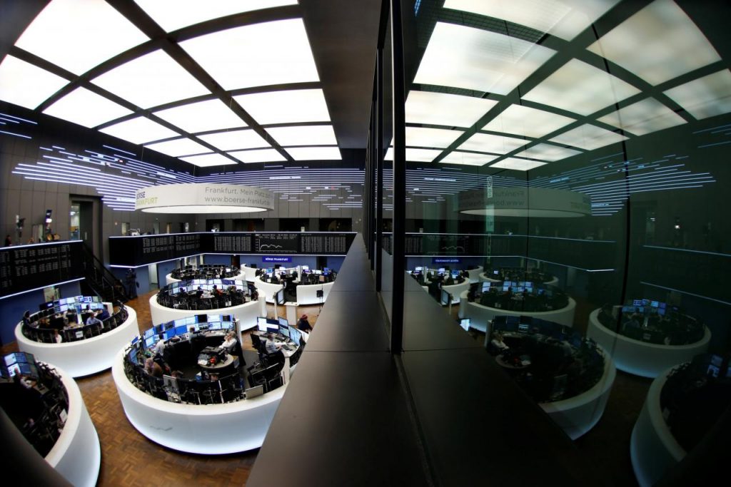 Traders work at Frankfurt's stock exchange in Frankfurt