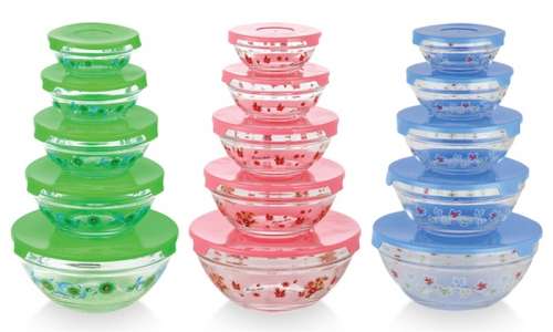 Glass Bowl Set with Multicolored Print (10-Piece)