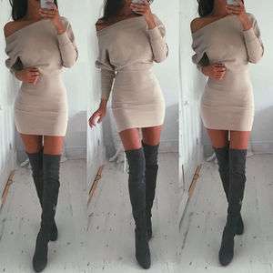 Women Winter Off Shoulder Long Sleeve Jumper Sweater Top Slim Bodycon Mini Dress 2017 Black Friday Deals.