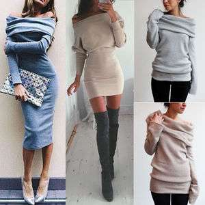 Women Winter Off Shoulder Long Sleeve Jumper Sweater Top Slim Bodycon Mini Dress 2017 Black Friday Deals.